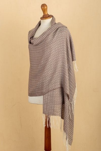 Alternate image for Handwoven Patterned Alpaca Blend Shawl in Sepia and Ivory Sepia Beauty