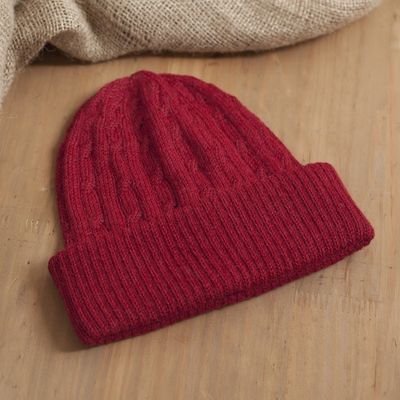 Alternate image for Crimson Red 100 Alpaca Soft Cable Knit Hat from Peru Comfy in Red