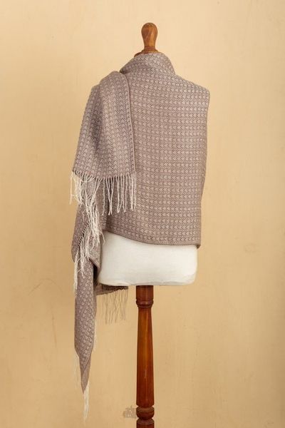 Alternate image for Handwoven Patterned Alpaca Blend Shawl in Sepia and Ivory Sepia Beauty