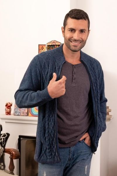 Alternate image for Prussian Blue Alpaca Cable Knit Zip Front Mens Cardigan Cozy Prussian Blue