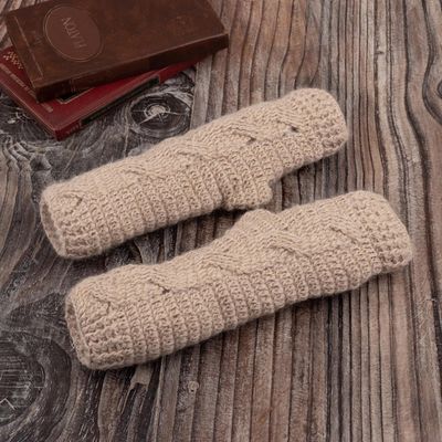 Alternate image for Hand Crocheted 100 Alpaca Fingerless Mitts Alabaster Warmth