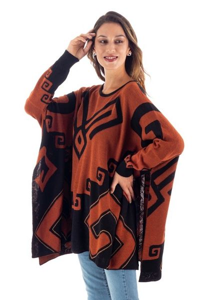 Alternate image for Black and Russet Alpaca Blend Poncho from Peru Inca Contrast