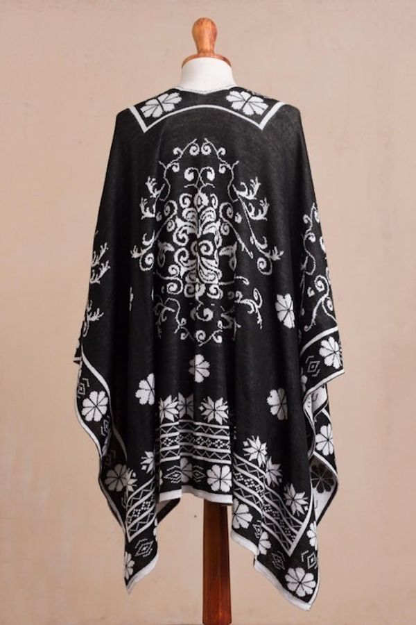 Alternate image for Reversible Alpaca Blend Ruana in Black and White from Peru Inca Garden in Black