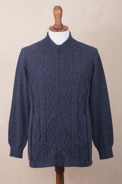 Alternate image for Prussian Blue Alpaca Cable Knit Zip Front Mens Cardigan Cozy Prussian Blue