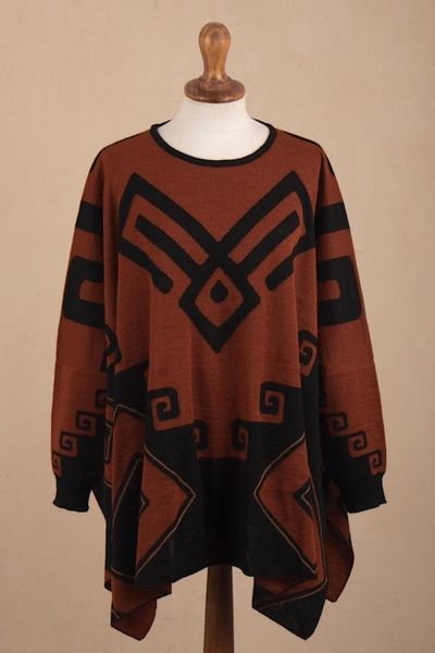 Alternate image for Black and Russet Alpaca Blend Poncho from Peru Inca Contrast
