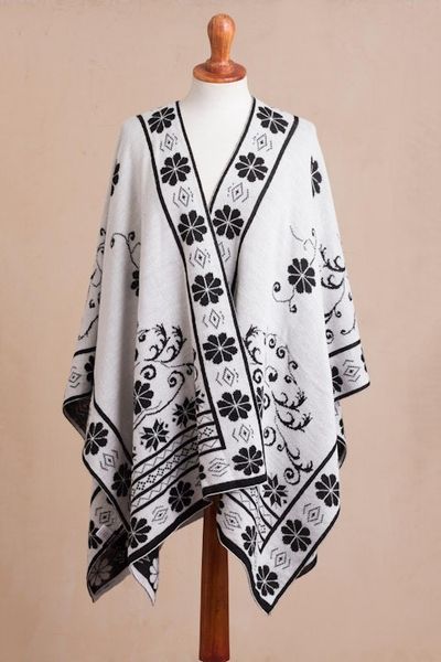 Alternate image for Reversible Alpaca Blend Ruana in Black and White from Peru Inca Garden in Black