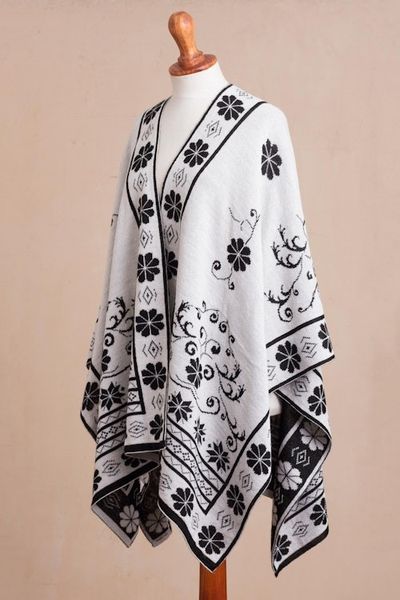 Alternate image for Reversible Alpaca Blend Ruana in Black and White from Peru Inca Garden in Black