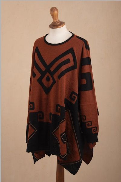 Alternate image for Black and Russet Alpaca Blend Poncho from Peru Inca Contrast