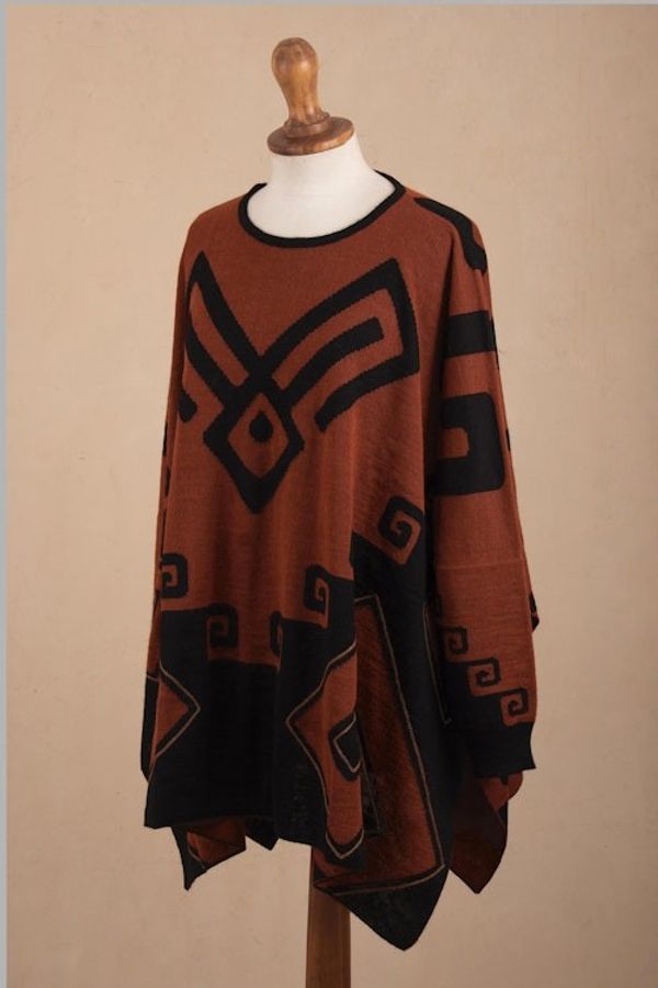 Alternate image for Black and Russet Alpaca Blend Poncho from Peru Inca Contrast