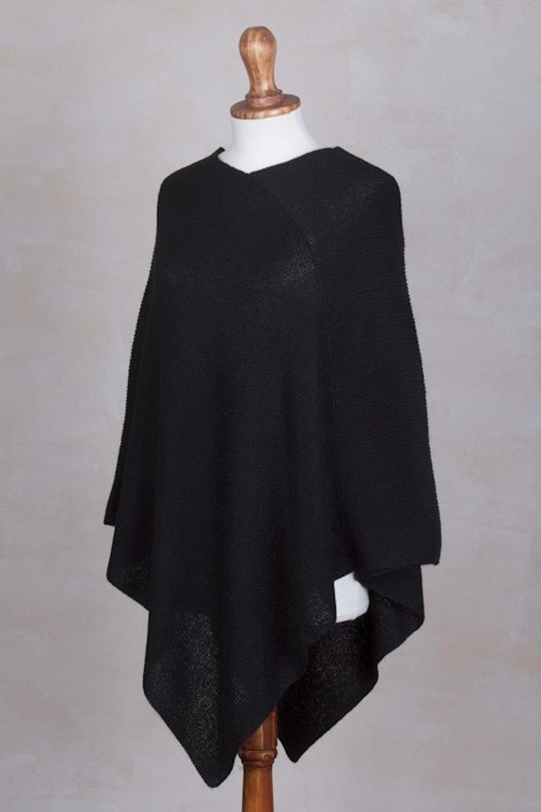 Alternate image for Knit 100 Alpaca Black Poncho from Peru Enchanted Evening in Black
