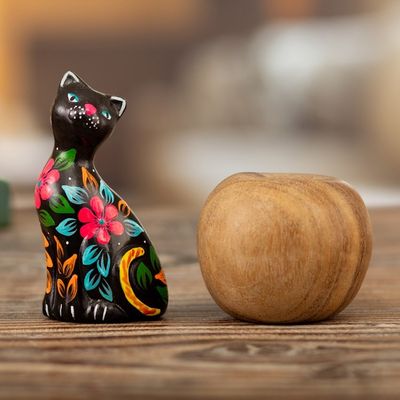 Alternate image for Ceramic Figurine of a Floral Black Cat from Peru Sweet Cat in Black