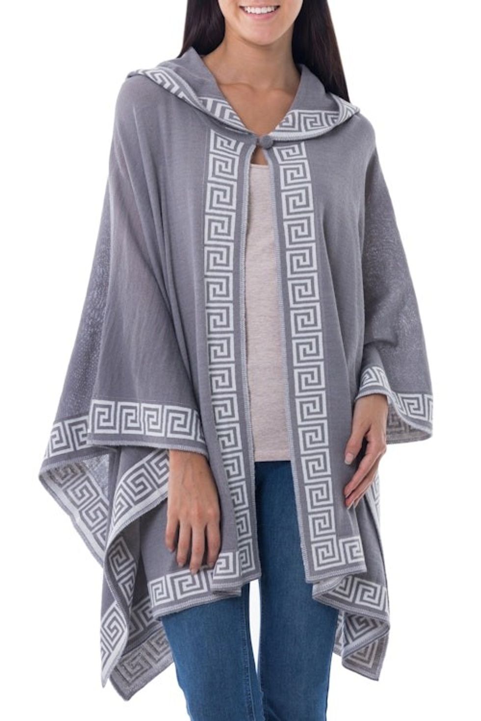 Peruvian Alpaca Wool Patterned Kimono-style Ruana 'Inca Gray'