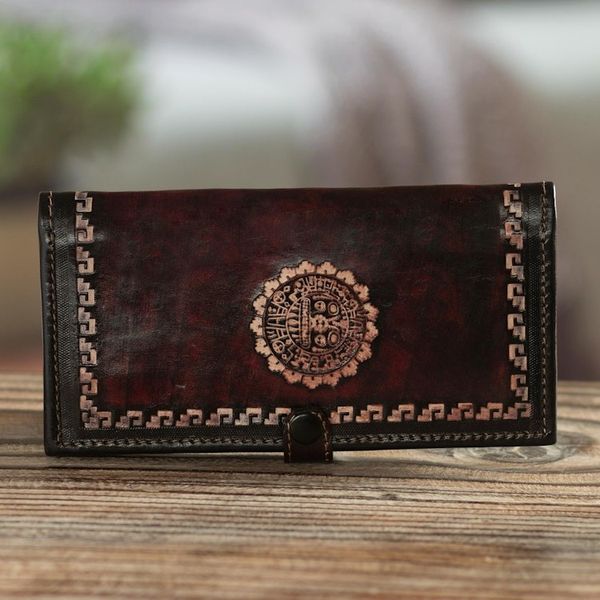 Alternate image for Brown Leather Wallet with Embossed Inca Sun Symbol from Peru Cusco Sun