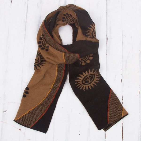 Alternate image for Reversible Sepia and Black Sun Motif Alpaca Blend Scarf Sepia and Black Cosmovision