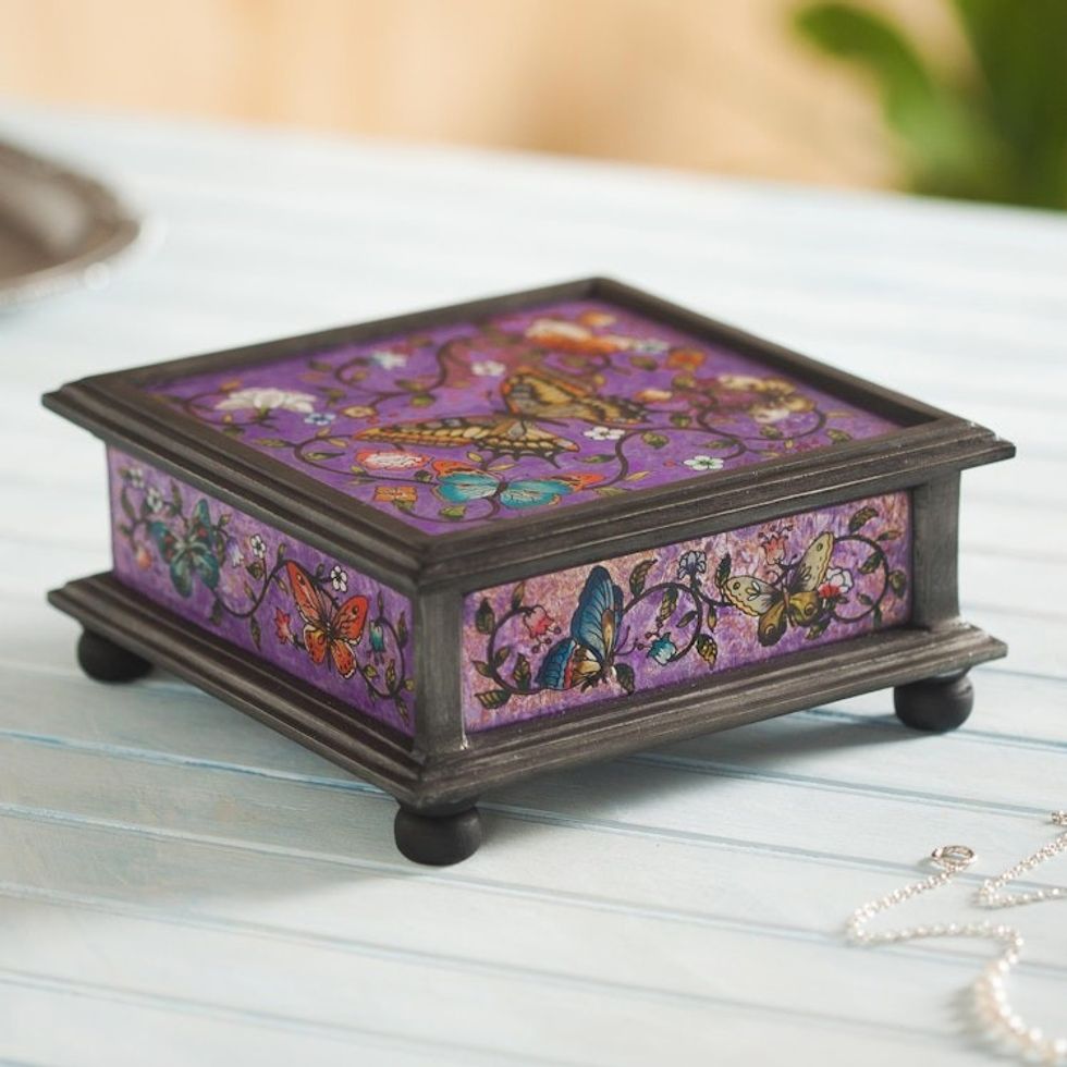 Reverse Painted Glass Decorative Box with Butterflies 'Purple Winter Butterflies'