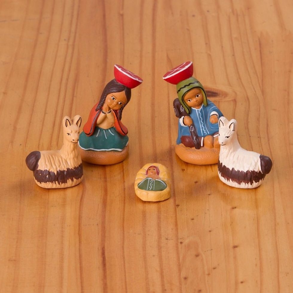 Hand-Painted Ceramic Andean Nativity Scene from Peru 'Cuzco Birth'
