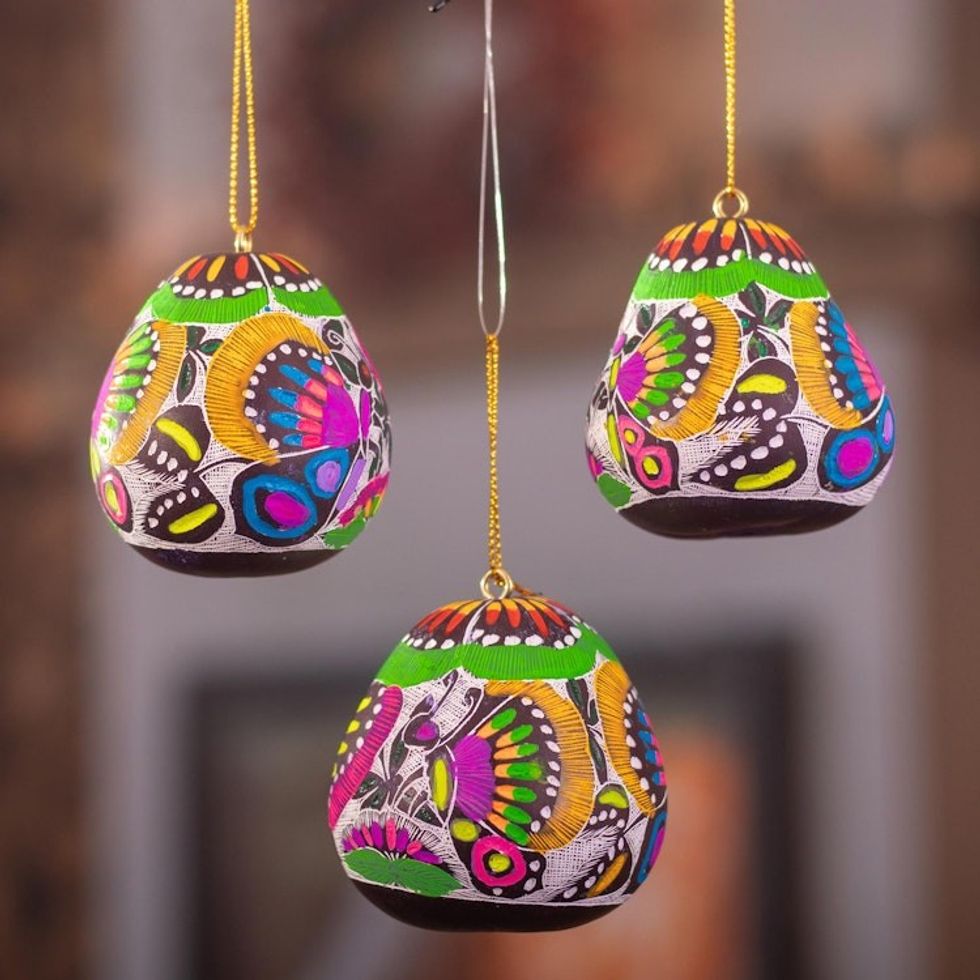 Handmade Andean Gourd Ornaments with Butterflies Set of 3 'Colorful Hope'