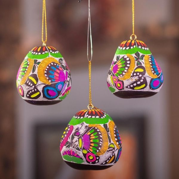 Alternate image for Handmade Andean Gourd Ornaments with Butterflies Set of 3 Colorful Hope