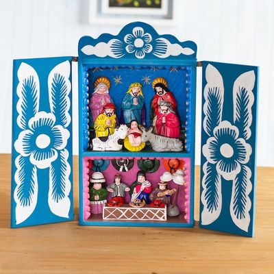 Alternate image for Handcrafted Christian Theme Christmas Retablo Diorama Blue Andean Christmas