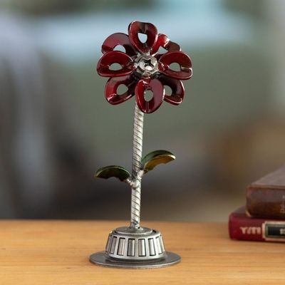 Alternate image for Recycled Metal Flower Sculpture with Red Petals Mechanical Flower