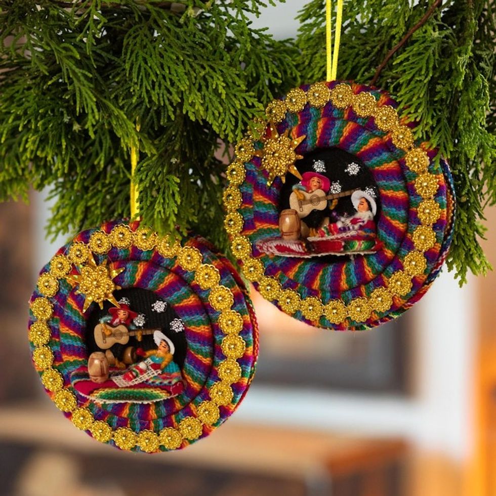 Colorful Fabric Nativity Ornaments Pair 'Lullaby in the Andes'