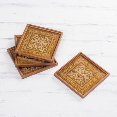 Alternate image for Four Floral Gold-Tone Reverse Painted Glass Coasters Colonial Gold