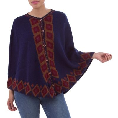 Alternate image for Blue 100 Alpaca Cape with Burgundy Diamond Motifs Climbing Diamonds