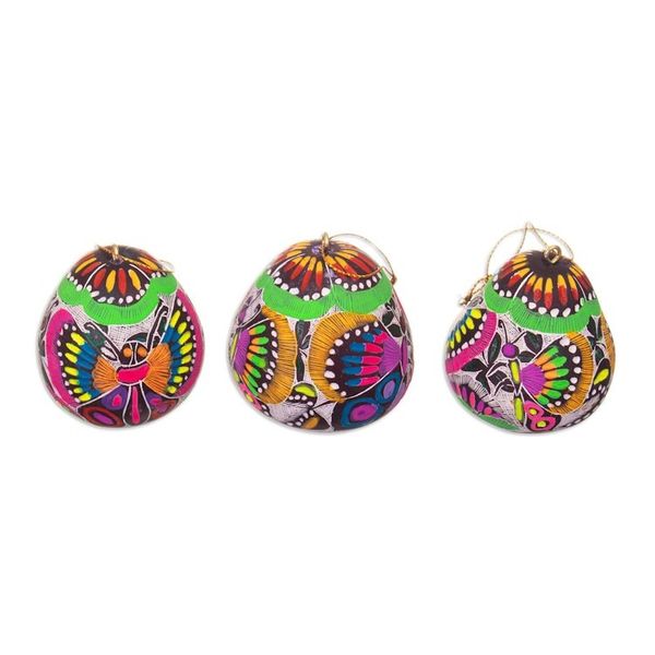 Alternate image for Handmade Andean Gourd Ornaments with Butterflies Set of 3 Colorful Hope