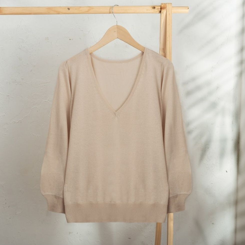 Knit Cotton Blend Pullover in Beige from Peru 'Champagne Spring'