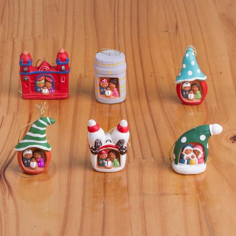 Six Hand-Painted Andean Ceramic Nativity Ornaments from Peru 'Multicolored Nativity'