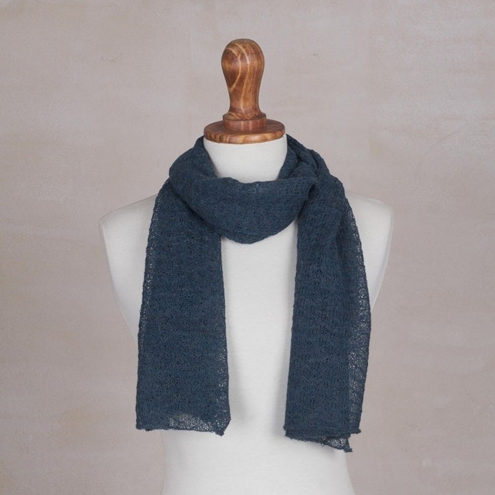 Textured 100 Baby Alpaca Wrap Scarf in Teal from Peru 'Teal Gossamer'
