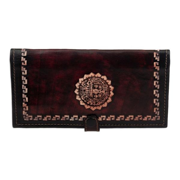 Alternate image for Brown Leather Wallet with Embossed Inca Sun Symbol from Peru Cusco Sun