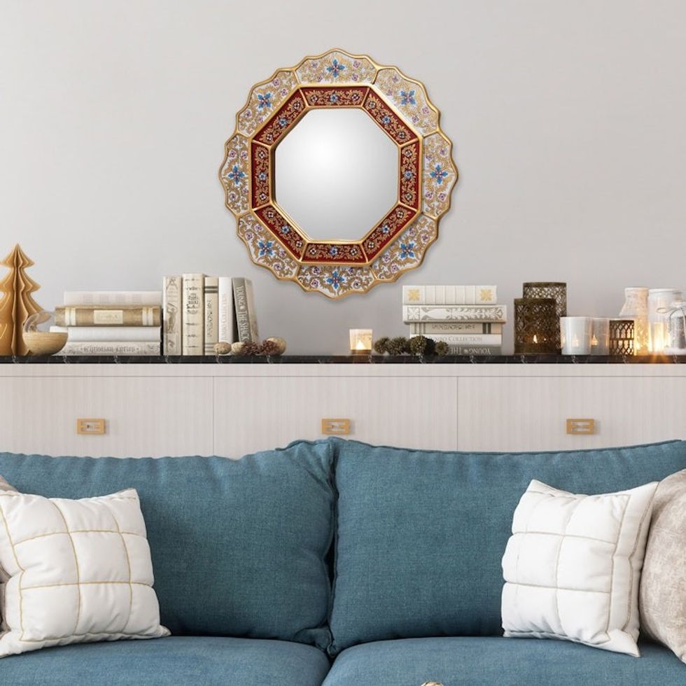 Reverse Painted Glass Wood Mirror from Peru 'White Star'