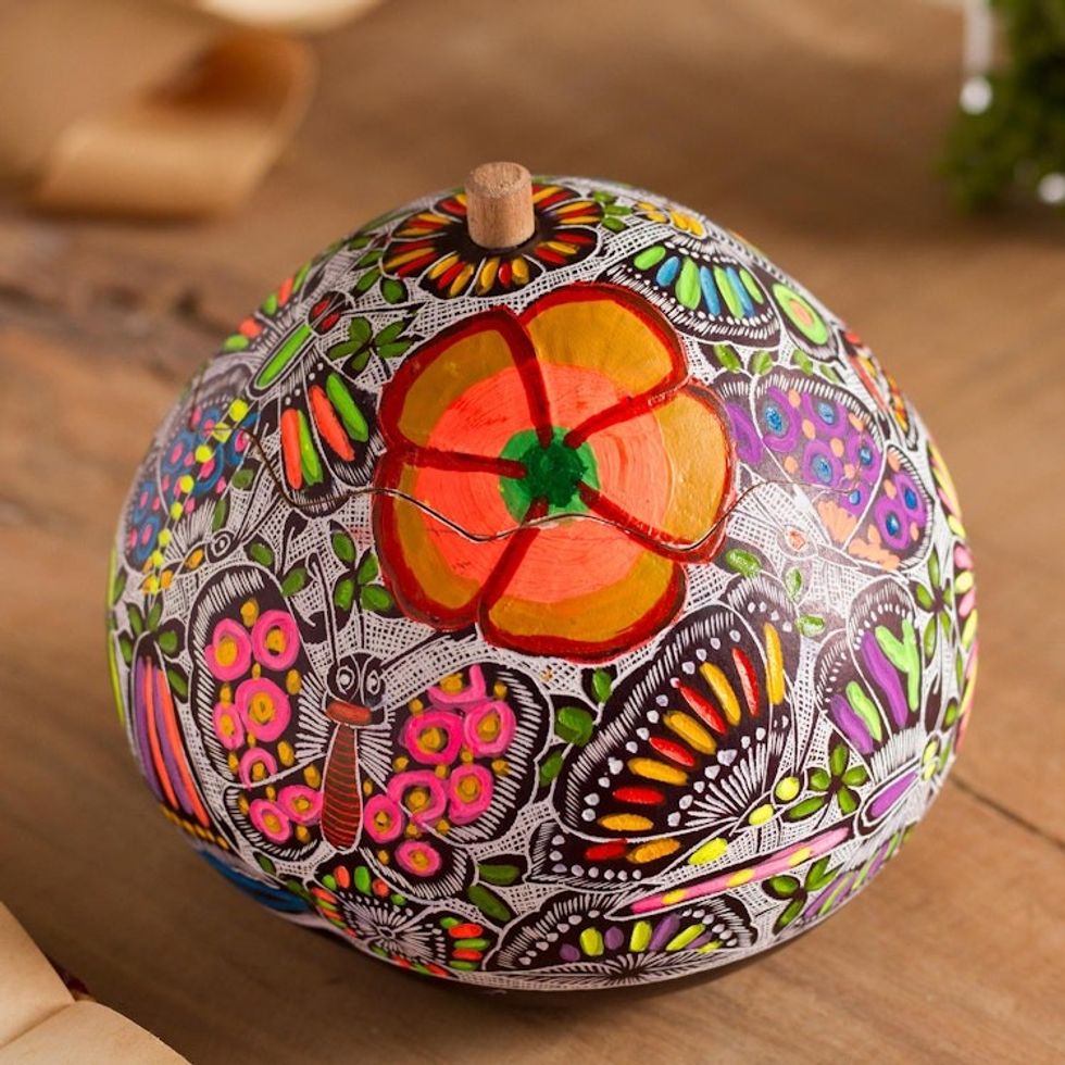 Floral and Butterfly Motif Gourd Decorative Jar from Peru 'Garden of the Butterflies'