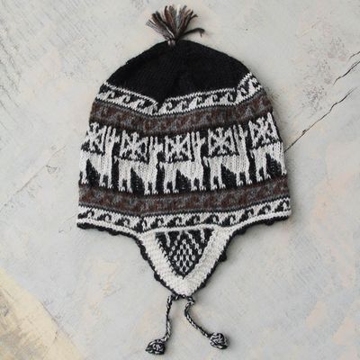 Alternate image for Black and White Alpaca Blend Chullo Hat Llama Silhouette