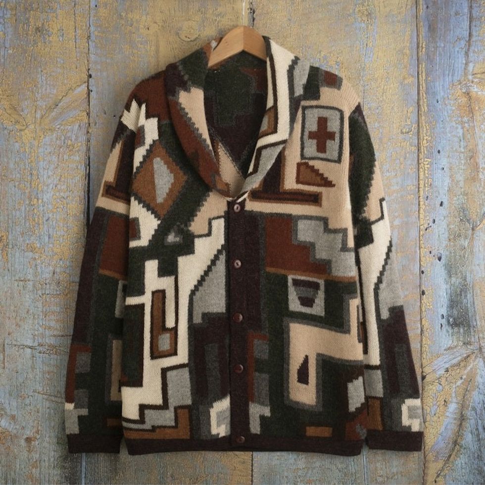 Men's 100 Alpaca Geometric Patterned Cardigan from Peru 'Inca Construction'