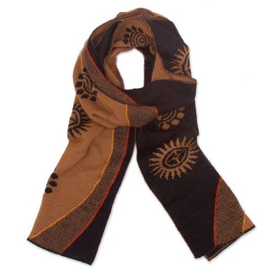 Alternate image for Reversible Sepia and Black Sun Motif Alpaca Blend Scarf Sepia and Black Cosmovision