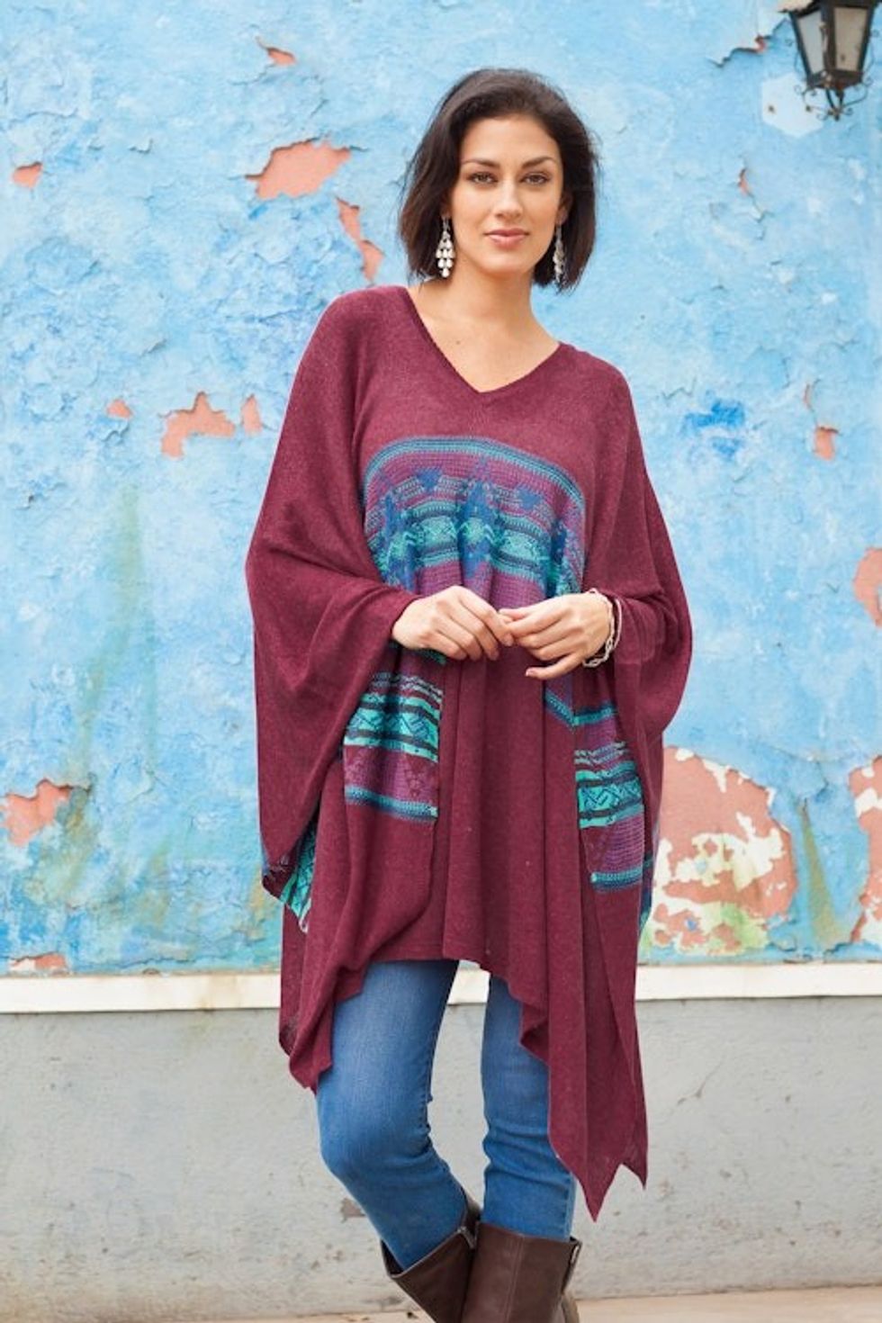 Cotton Blend Poncho in Cerise and Blue from Peru 'Andean Charm'