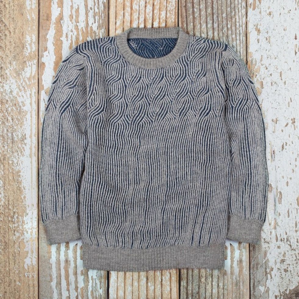 Blue and Grey Men's 100 Alpaca Ribbed Knit Pullover Sweater 'Brioche'