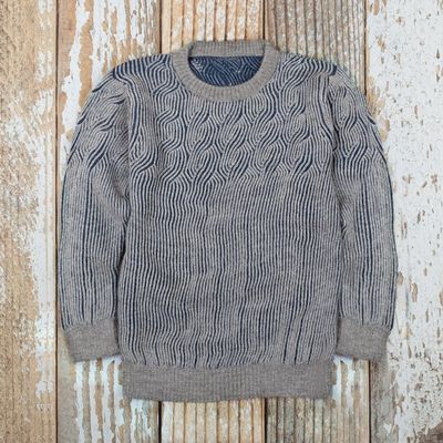 Alternate image for Blue and Grey Mens 100 Alpaca Ribbed Knit Pullover Sweater Brioche