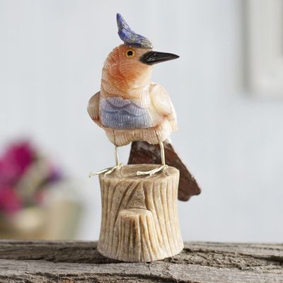 Alternate image for Handmade Calcite and Garnet Bird Sculpture Blue Crested Bird