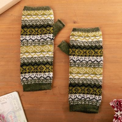 Alternate image for 100 Baby Alpaca Knit Fingerless Mitts in Green from Peru Mystic Jungle
