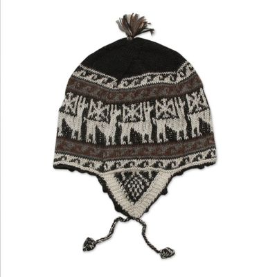Alternate image for Black and White Alpaca Blend Chullo Hat Llama Silhouette