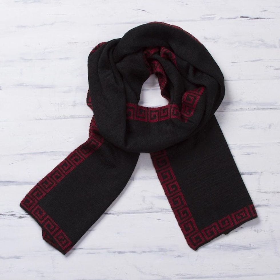 Red and Black Reversible Alpaca Blend Knit Scarf from Peru 'Incan Muse'