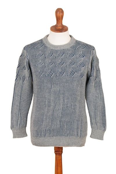 Alternate image for Blue and Grey Mens 100 Alpaca Ribbed Knit Pullover Sweater Brioche