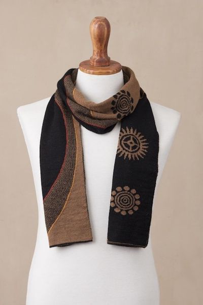 Alternate image for Reversible Sepia and Black Sun Motif Alpaca Blend Scarf Sepia and Black Cosmovision
