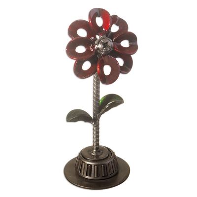 Alternate image for Recycled Metal Flower Sculpture with Red Petals Mechanical Flower