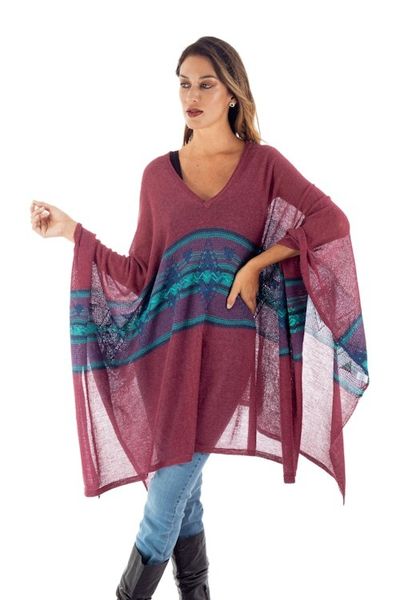 Alternate image for Cotton Blend Poncho in Cerise and Blue from Peru Andean Charm