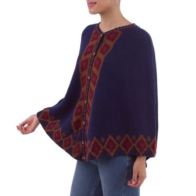Alternate image for Blue 100 Alpaca Cape with Burgundy Diamond Motifs Climbing Diamonds