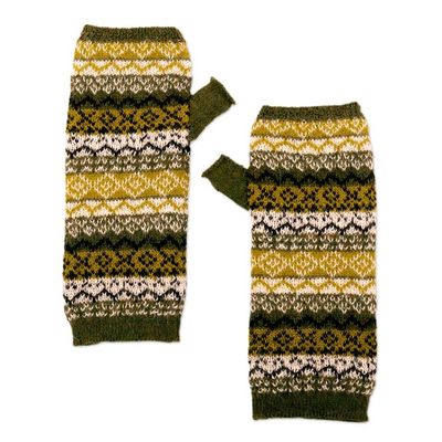 Alternate image for 100 Baby Alpaca Knit Fingerless Mitts in Green from Peru Mystic Jungle